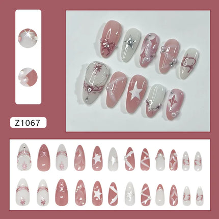 24pcs White Flower Fake Nail Tips Ins Yellow Pink Blush False Nails