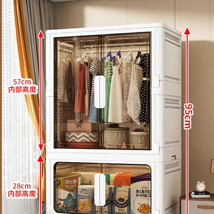 Double Door Open Clothes Storage Organizer with Wheels Foldable Wardrobe Cabinet Baby Cupboard Organizing Box Containers Bin