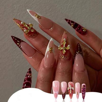 24pcs Leopard Print Almond Fake Press on Nails with Mini Flower Acrylic