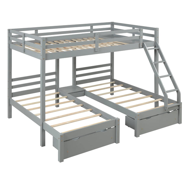 Solid Wood Full over Twin & Twin Bunk Bed with 3 Storage Drawers, for Bedroom for Girl Kids Adult