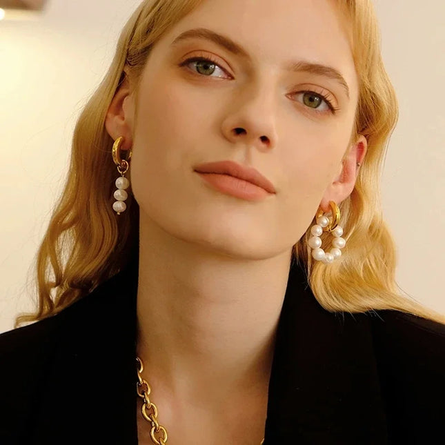 Baroque Pearls Shape Pendant Drop Earrings for Women Gold Plated Stainless Steel Round Circle Huggies Earring Fashion Jewelry