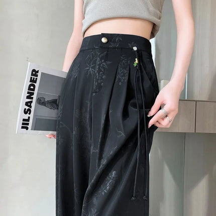 New Chinese Style Jacquard Wide Leg Satin Pants for Women Elegant Solid Office Lady Women's Casual Loose Pants Female