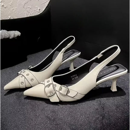 Women Sandals Fashion Pointed Toe Buckle Strap Metal High Heeled Kitten Heel