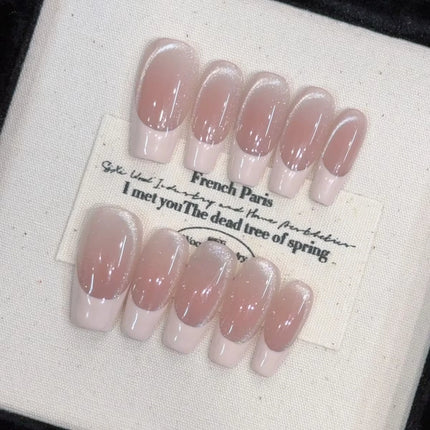 10pcs Handmade Press on Nails Plaid Pearl French Cat's Eye Aurora Fishtail Full Coverage