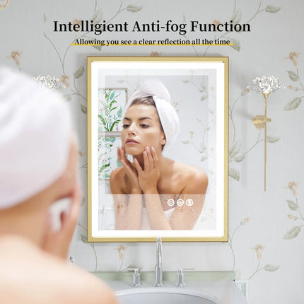 LED Bathroom Vanity Mirror Gold Frame Front Lighted Aluminum Rectangle Beveled Edge Tricolors Stepless Dimmable