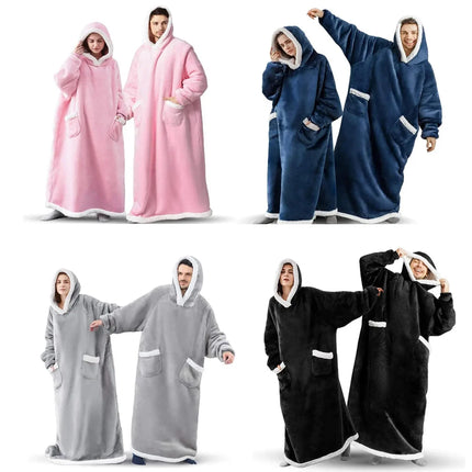 Extra Long Wearable Blankets Winter Flannel Hooded Blanket with Full Sleeves