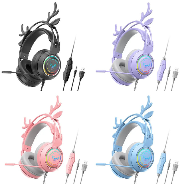 Wired Gaming Headset with Rotatable Microphone Detachable Antlers Earphones Stereo