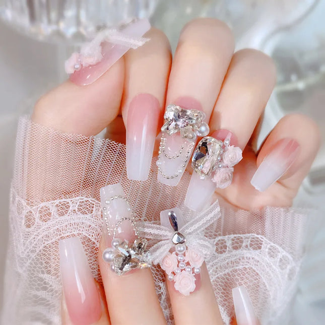 Blush Pink False Nails Bowknot Diamond Pearl 3D Design Press on Nail Tips