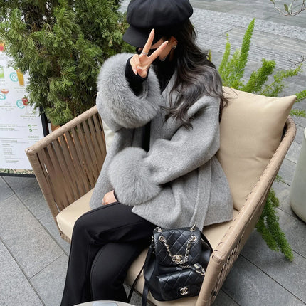 High End Double-sided Wool Strapping Real Wool Fur Coat Women's Removable Cuffs Fox Fur Temperament Cashmere Short Jacket
