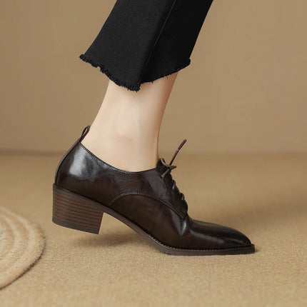 EAGSITY Cow leather lace up pointed toe oxford shoes women shoes block Heel Women high heel derby shoes outdoor sneaker