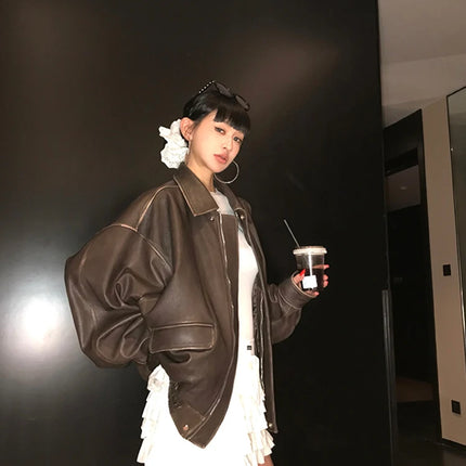 Spring Autumn Cool Handsome Retro Oversized Distressed Brown Soft Faux Leather Jackets for Women Zipper Runway Fashion