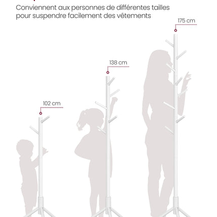 Standing Coat Rack, Solid Wood Coat Rack, Tree-Shaped Coat Rack with 8 Hooks, 3 Height Options, for Clothes, Hats, Bags