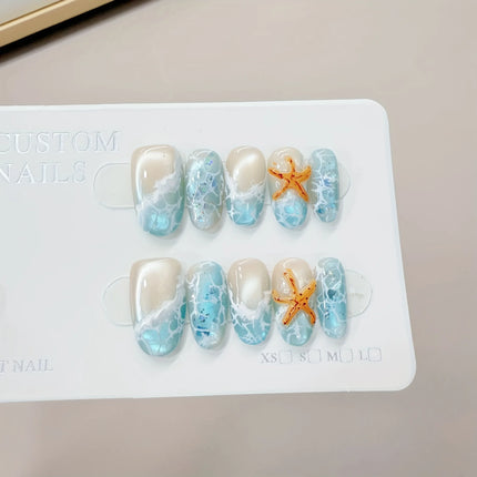 10pcs Handmade Press on Nails Summer Wave Ripple Starfish Full Coverage