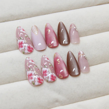 24Pcs Peach Blossom Press on Nails Cat's Eye Nude Glitter False Nail
