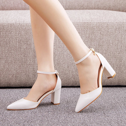 Crystal Queen Women 7CM Thick High Heels Sexy Pumps White Wedding Bride Shoes Pointed Toe Buckle Strap Sandals