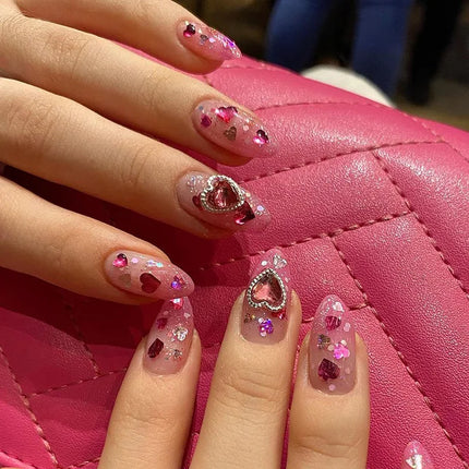 Blush Pink False Nails Bowknot Diamond Pearl 3D Design Press on Nail Tips