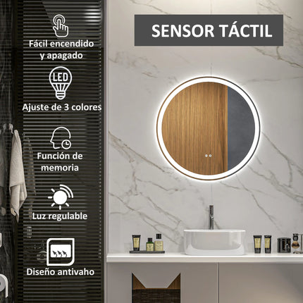 Kleankin round bathroom mirror with adjustable LED lights Ø 60 cm anti fog Silver