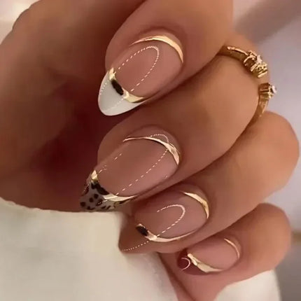 24pcs Leopard Print Almond Fake Press on Nails with Mini Flower Acrylic