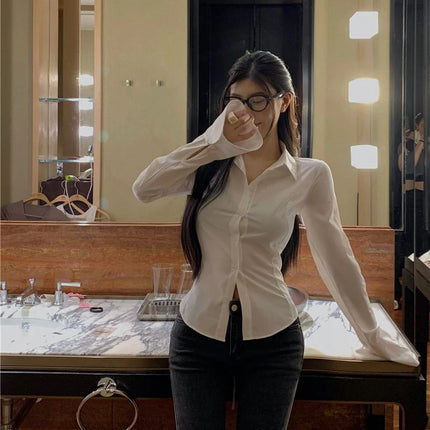 Gidyq Fashion Women Bandage Shirts Korean All Match Streetwear Female Slim Blouse Spring Casual White Bell Sleeve Shirt New