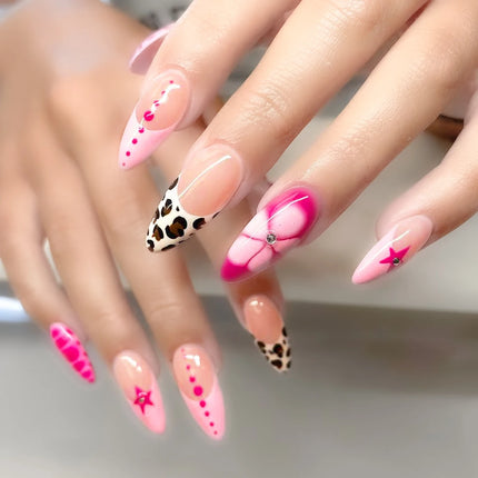24Pcs Pink French Style Fake Nails 3D Bowknot Designs Short Square