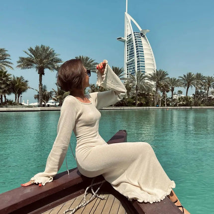 Cryptographic Elegant Knitted Sweater Maxi Dress Outfits for Women Flare Sleeve Sexy Backless Dresses Edible Tree Fungus Clothes