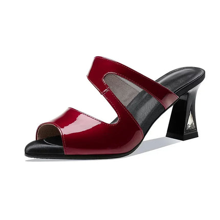 women fashion sweet wine red mesh breathable slip on high heel shoes lady