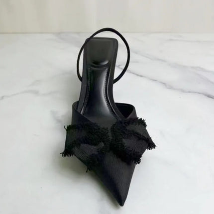 2025 Summer Women Slingback Shoes Black Bow Decoration Pointed Toe High Heels Formal Business Stiletto Female Party Sandals