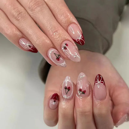 24PCS Wine Red Almond Press on Nails Cartoon Rabbit Bowknot