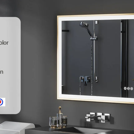 LED Bathroom Vanity Mirror Gold Frame Front Lighted Aluminum Rectangle Beveled Edge Tricolors Stepless Dimmable