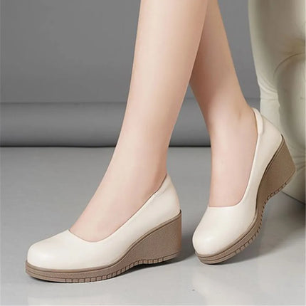 light weight black spring comfort slip on wedge heel shoes lady cool black leather heel