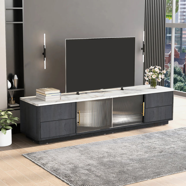 160cm Deluxe TV Stand for 70" TV - Marbled Table Top, Cable Management, Drawers with Push-to-Open Function