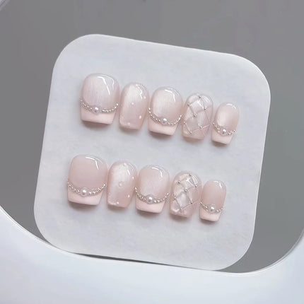 10pcs Handmade Press on Nails Plaid Pearl French Cat's Eye Aurora Fishtail Full Coverage