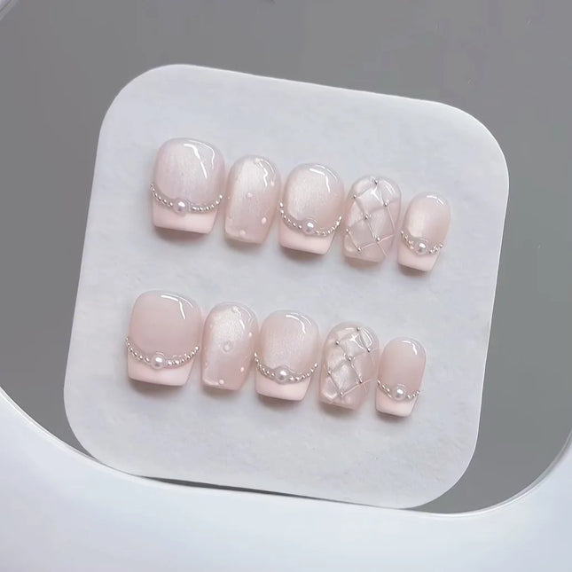 10pcs Handmade Press on Nails Plaid Pearl French Cat's Eye Aurora Fishtail Full Coverage