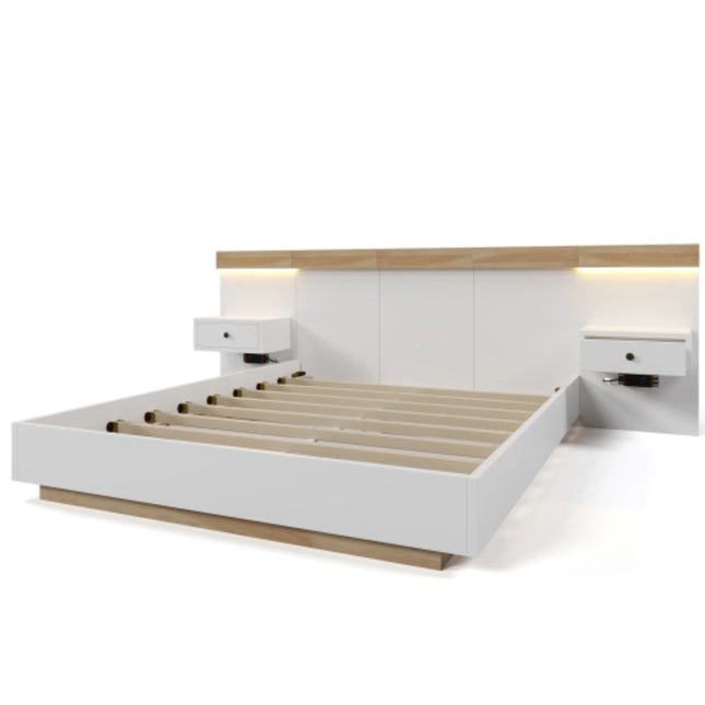 Double bed 160 x 200 cm with 2 LED bedside tables and USB C socket, including 2 bedside tables, bedroom complete - 205x264x90.5