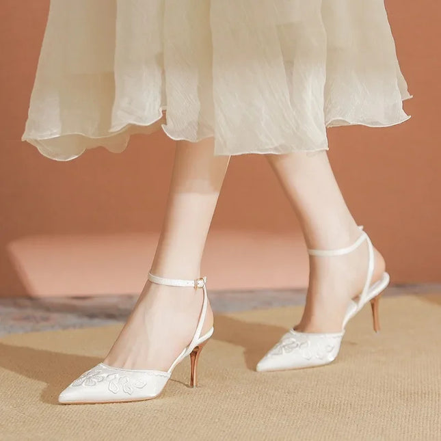 Women Fashion Pumps Woman 7cm Flower Heels High Heel Shoes Buckle Strap Silk Shallow Pointed Toe Sandals Lady Wedding Shoe white