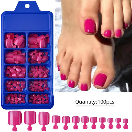 144pcs Short Square False Toe Nails Lake Blue/White/Red/Nude Press