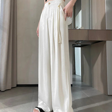 New Chinese Style Jacquard Wide Leg Satin Pants for Women Elegant Solid Office Lady Women's Casual Loose Pants Female
