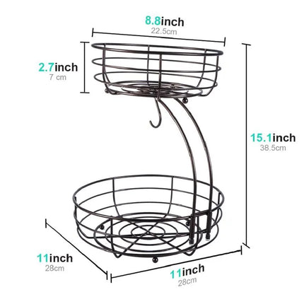 2-Tier Fruit Basket, Metal Fruit Bowl, Bread Baskets, Fruit Holder, Large Fruit Stand Organizer With Banana Hanger, Black