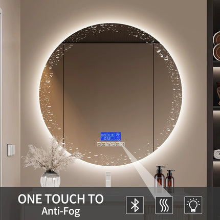 Multi Functional Circular Bathroom Mirror, Wall Mirror with Temperature Display, Defogging Function, and Brightness Adjustment
