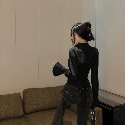 Gidyq Fashion Women Bandage Shirts Korean All Match Streetwear Female Slim Blouse Spring Casual White Bell Sleeve Shirt New