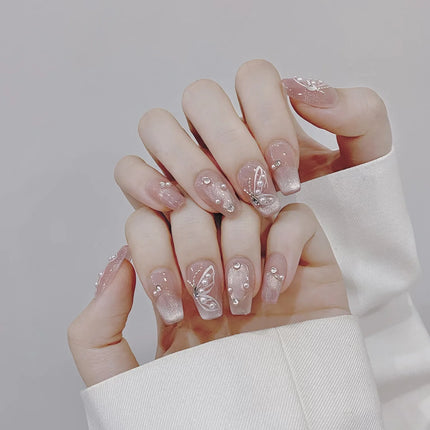 10Pcs Reuse Finished Fake Nails with Butterfly Deisgn Pink Cat's Eye French