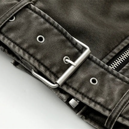 2024New Coal graysty le Women's washed leather jacket with belt, short coat with downgraded zipper and vintage lapel jacket