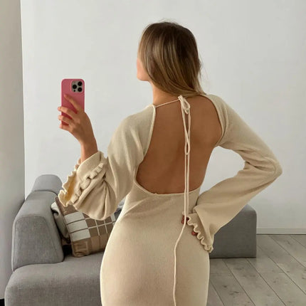 Cryptographic Elegant Knitted Sweater Maxi Dress Outfits for Women Flare Sleeve Sexy Backless Dresses Edible Tree Fungus Clothes
