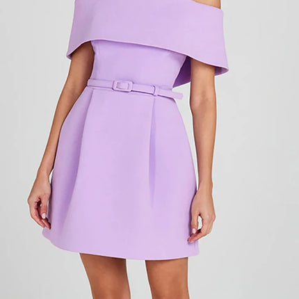 Slash Neck Off The Shoulder Solid Mini Dress, Women Spring Summer Patchwork Simple Party Dress, 2024 Short Sleeve Ladies Dress