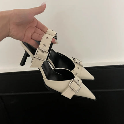 Punk Goth Metal Buckle High Heels Women's Sandals Summer 2024 Pointed Toe Silver Party Shoes Fashion Womens Pumps Shoes
