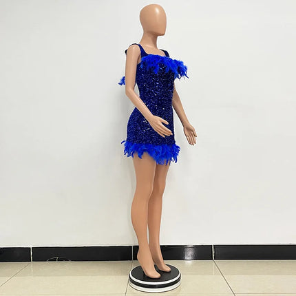 Spring And Summer Women's Clothing MINI Short Solid Color New Wind Sequins Halter Beach Dress One-word Shoulder Feathers Spice G