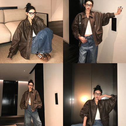 Spring Autumn Cool Handsome Retro Oversized Distressed Brown Soft Faux Leather Jackets for Women Zipper Runway Fashion
