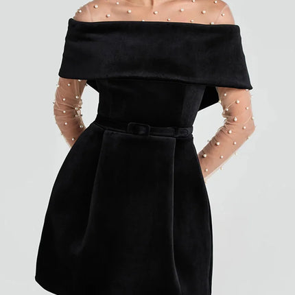 Slash Neck Off The Shoulder Solid Mini Dress, Women Spring Summer Patchwork Simple Party Dress, 2024 Short Sleeve Ladies Dress