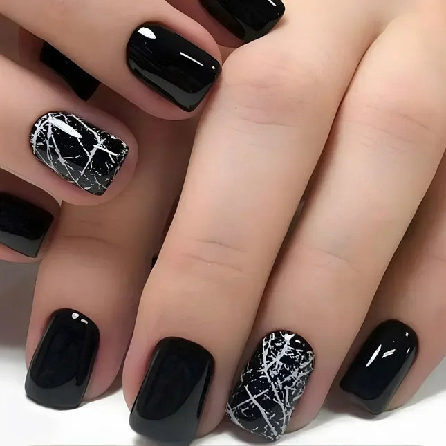 24pcs Short Square Press on Nails Jade Flower Sparkling