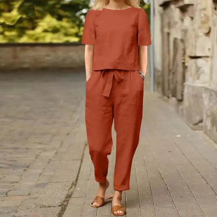 Women's Cotton Linen Suit Summer Matching Suit Half-sleeved Round Neck Tie Elastic Waist Trousers